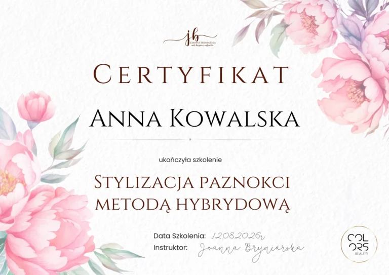 certyfikat ze stylizacji paznokci metodą hybrydową - Joanna Bryniarska